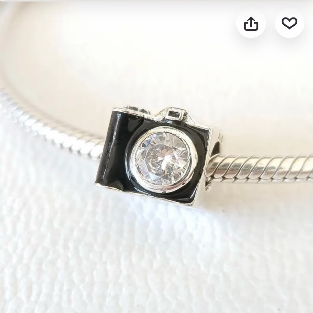 Pandora Silver Camera Charm with Black Enamel and Clear Crystal